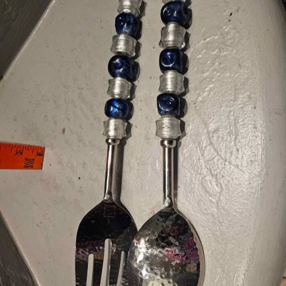 Jumbo Salad Servers Hammered and Beaded with Blue and Clear Glass Art Beads - Picture 4 of 5